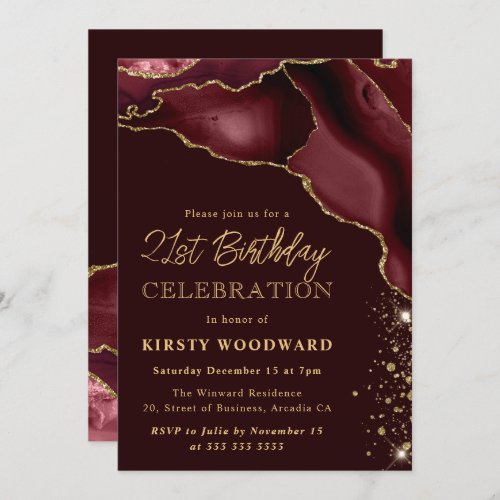 Burgundy and Gold Glitter Agate 21st Birthday Invitation