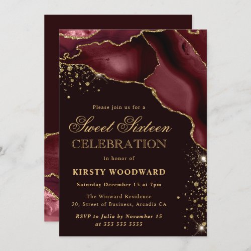 Burgundy and Gold Glitter Agate 21st Birthday Invitation