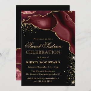 Burgundy and Gold Glitter Agate Sweet Sixteen Invitation
