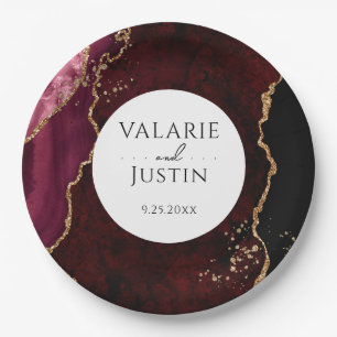 Burgundy and Gold Glitter Agate Wedding Paper Plates