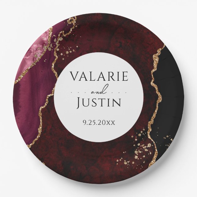 Burgundy and Gold Glitter Agate Wedding Paper Plates (Front)