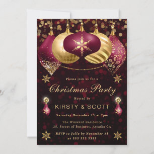 Burgundy and Gold Glitter Baubles Christmas Party Invitation