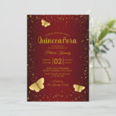 Burgundy And Gold Glitter Butterfly Quinceanera Invitation (Standing Front)