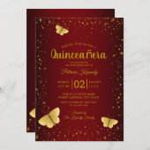Burgundy And Gold Glitter Butterfly Quinceanera Invitation (Front/Back)