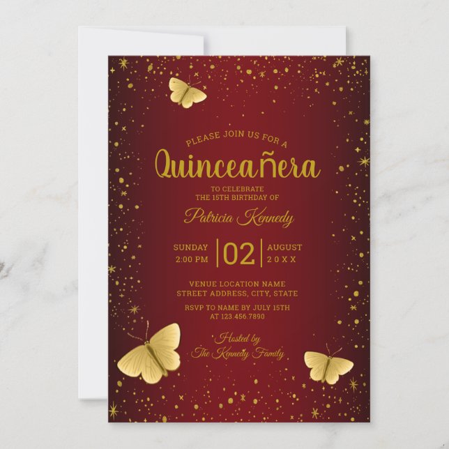 Burgundy And Gold Glitter Butterfly Quinceanera Invitation (Front)