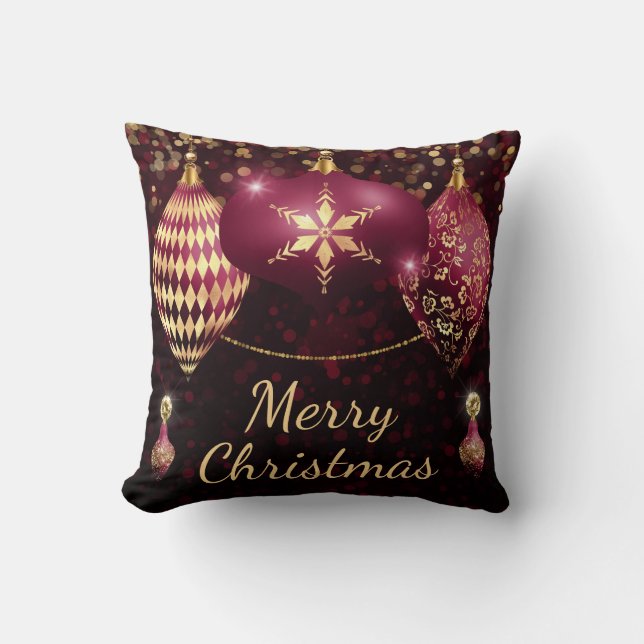 Burgundy and Gold Glitter Christmas Baubles Throw Pillow (Front)