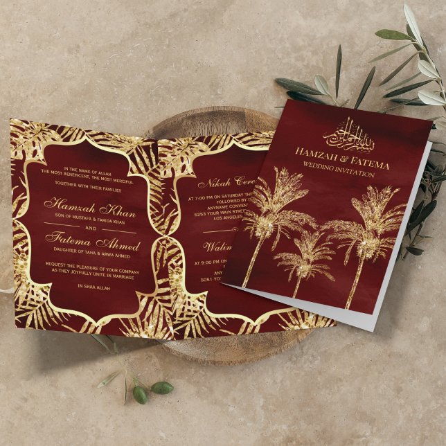Burgundy and Gold Glitter Date Palm Muslim Wedding Invitation (Creator Uploaded)