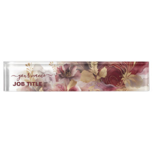 Burgundy and Gold Glitter floral Agate  Desk Name Plate
