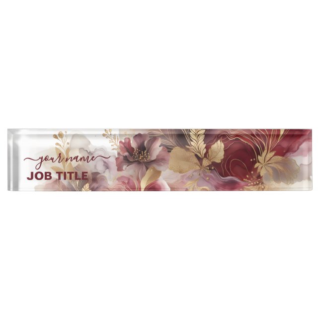 Burgundy and Gold Glitter floral Agate  Desk Name Plate (Front)
