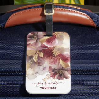 Burgundy and Gold Glitter floral Agate Luggage Tag