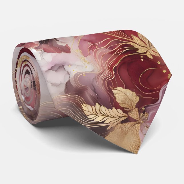 Burgundy and Gold Glitter floral Agate Neck Tie (Rolled)