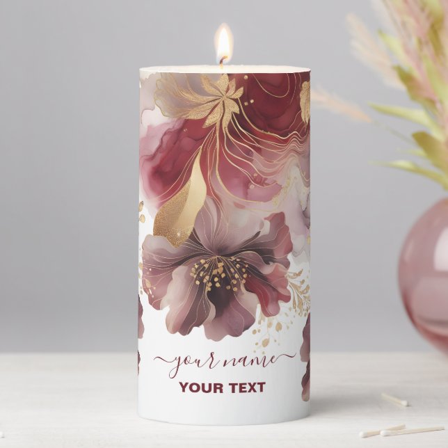 Burgundy and Gold Glitter floral Agate  Pillar Candle (In Situ)