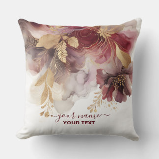Burgundy and Gold Glitter floral Agate Throw Pillow