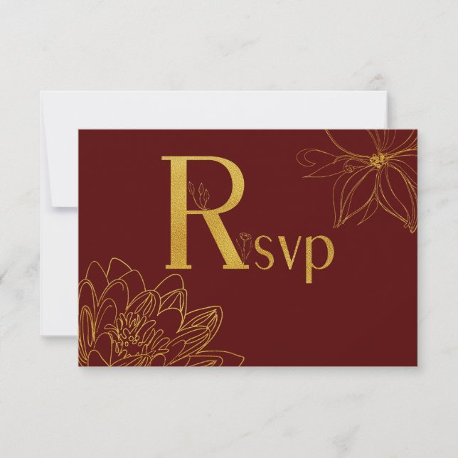 Burgundy and Gold Glitter Floral RSVP Card (Front)