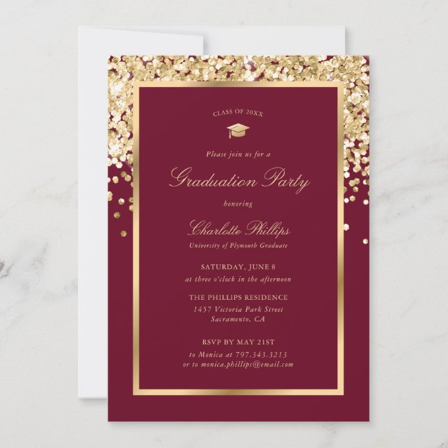 Burgundy and Gold Glitter Graduation Party  Invitation (Front)