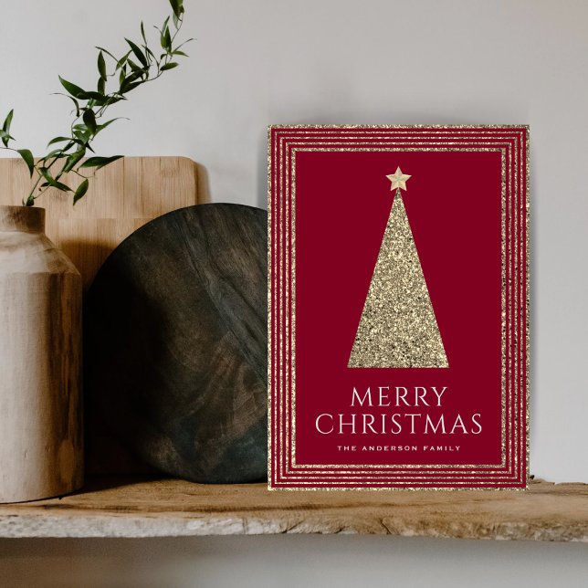 Burgundy and Gold Glitter Luxury Christmas Tree Holiday Card (Creator Uploaded)