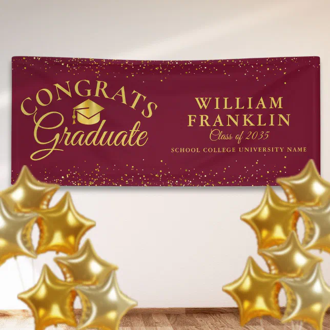 Burgundy And Gold Glitter Modern Graduation Banner | Zazzle