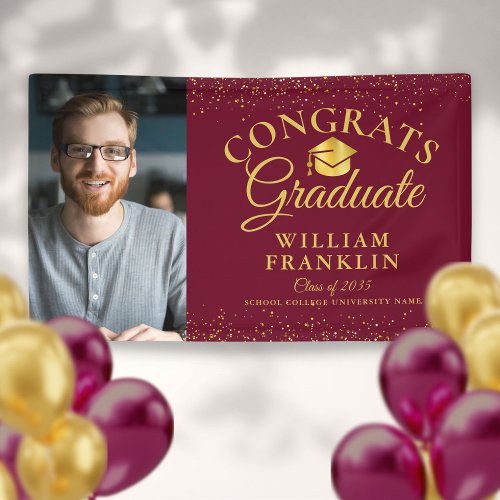 Burgundy And Gold Glitter Modern Photo Graduation Banner