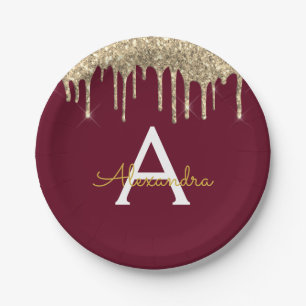 Burgundy and Gold Glitter Monogram Birthday Paper Plates