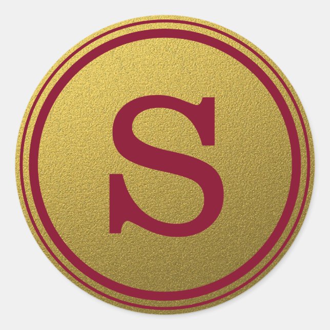 Burgundy And Gold Glitter Monogram Initial Classic Round Sticker (Front)