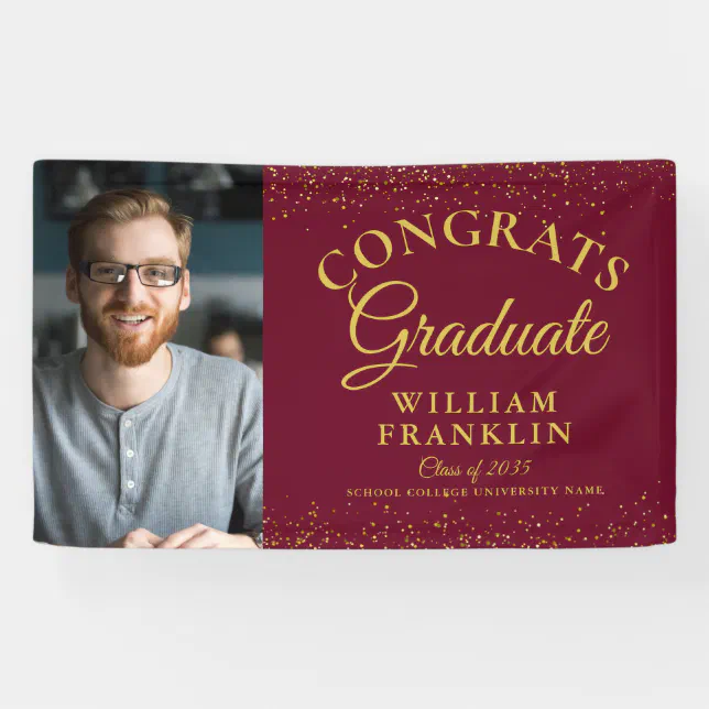 Burgundy And Gold Glitter Photo Graduation Banner | Zazzle