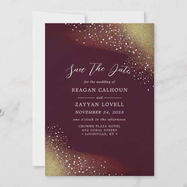 Burgundy And Gold Glitter Save The Date Card (Front)