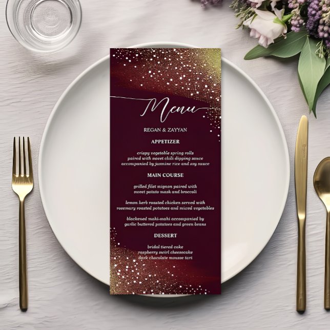 Burgundy And Gold Glitter Wedding Menu (Creator Uploaded)