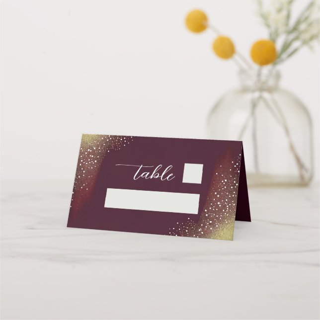 Burgundy And Gold Glitter Wedding Place Card (Front)
