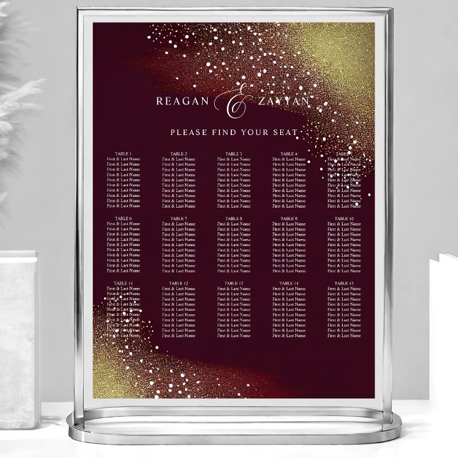 Burgundy And Gold Glitter Wedding Seating Chart (Creator Uploaded)