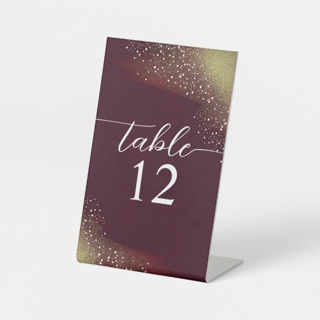 Burgundy And Gold Glitter Wedding Table Number Pedestal Sign (Front)