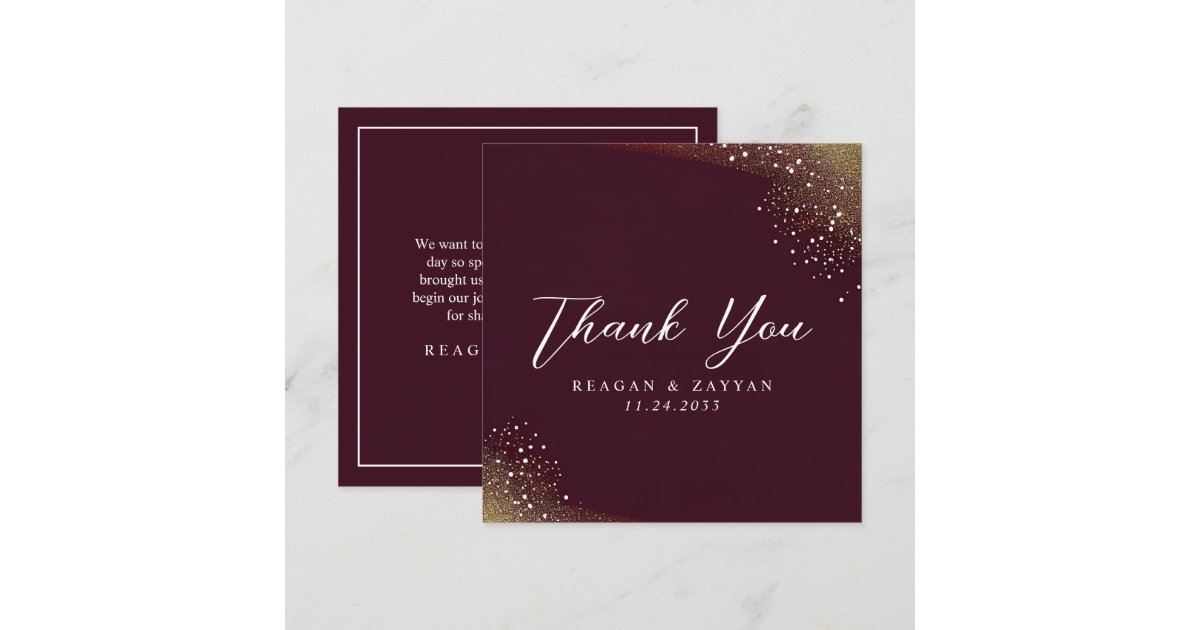 Burgundy And Gold Glitter Wedding Thank You Card | Zazzle