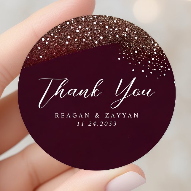 Burgundy And Gold Glitter Wedding Thank You Classic Round Sticker (Creator Uploaded)