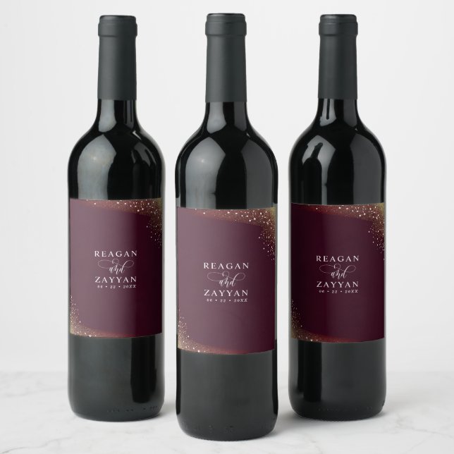 Burgundy And Gold Glitter Wedding Wine Label (Bottles)