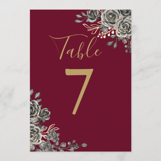 Burgundy And Gold Goth Floral Wedding Table Number (Front)