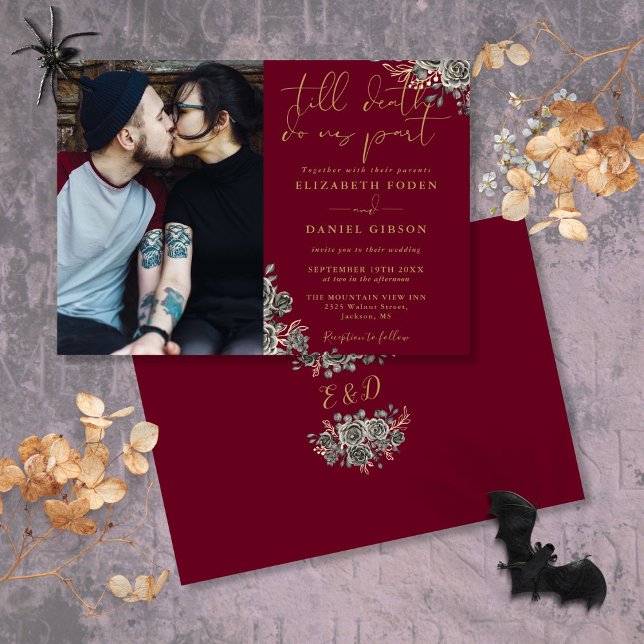 Burgundy And Gold Gothic Floral Photo Wedding Invitation (Burgundy And Gold Gothic Floral Photo Wedding Invitation)