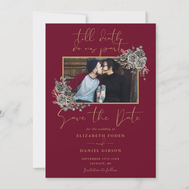 Burgundy And Gold Gothic Floral Photo Wedding Save The Date (Front)
