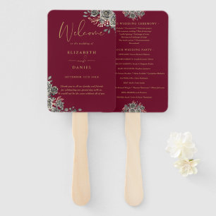 Burgundy And Gold Gothic Floral Wedding Program Hand Fan