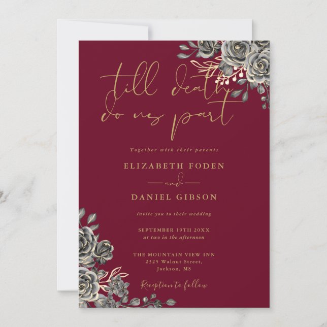Burgundy And Gold Gothic Roses Floral Wedding Invitation (Front)