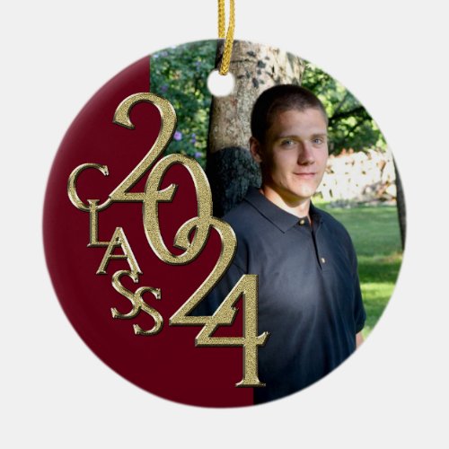 Burgundy and Gold Graduation Class of 2024 Photo Ceramic Ornament