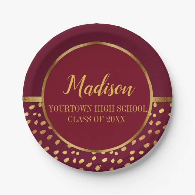 Burgundy and Gold Graduation Party Paper Plates (Front)