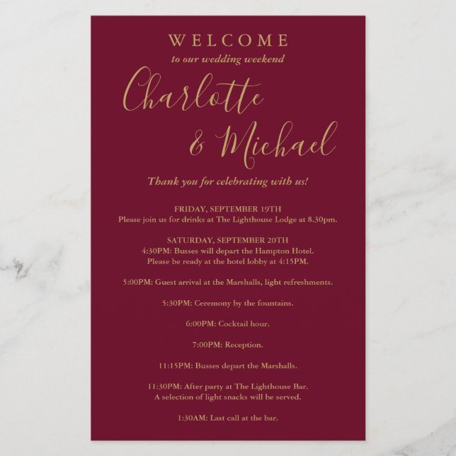 Burgundy and Gold Guest Wedding Weekend Program (Front)