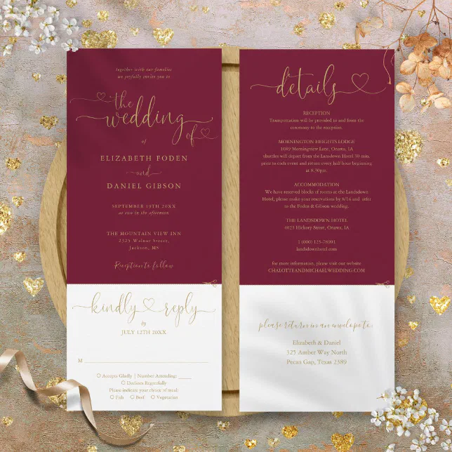 Burgundy And Gold Heart Script All In One Wedding Invitation
