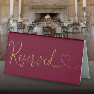 Burgundy And Gold Heart Script Reserved Table Tent Sign