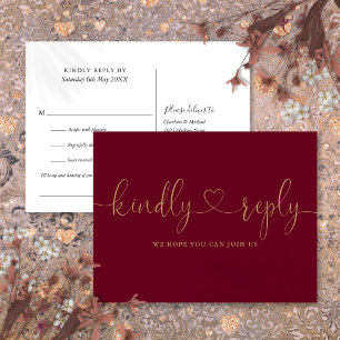 Burgundy And Gold Heart Script Song Request RSVP Invitation Postcard