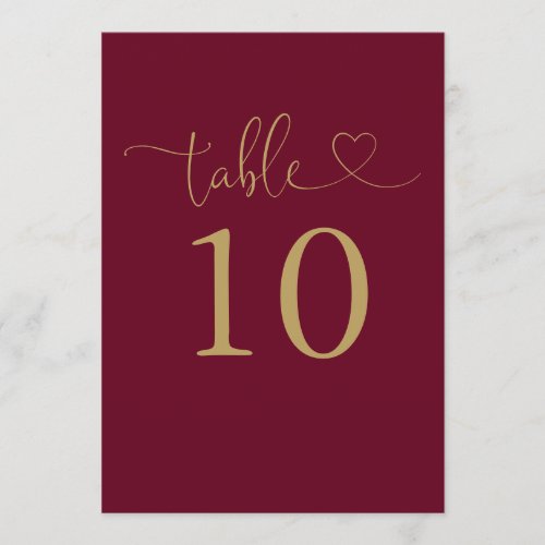 Burgundy And Gold Heart Script Table Number