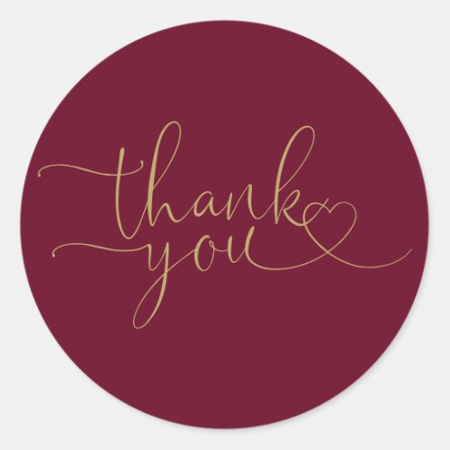 Burgundy And Gold Heart Script Thank You Classic Round Sticker