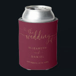 Burgundy And Gold Heart Script Wedding Can Cooler<br><div class="desc">This elegant burgundy and gold wedding design can be personalized with your celebration details set in chic typography. Designed by Thisisnotme©</div>
