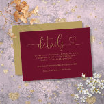 Burgundy And Gold Heart Script Wedding Details Enclosure Card<br><div class="desc">This elegant burgundy and gold heart script wedding details enclosure card can be personalized with your information in chic typography. Designed by Thisisnotme©</div>