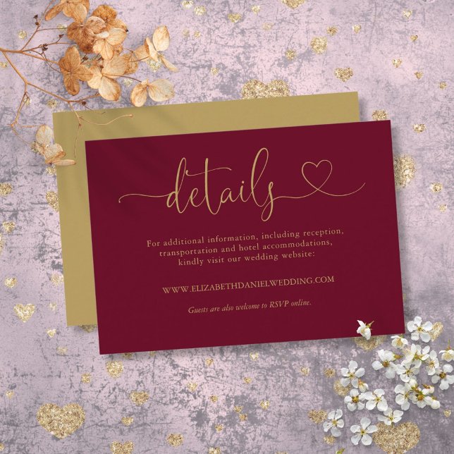 Burgundy And Gold Heart Script Wedding Details Enclosure Card (Burgundy And Gold Heart Script Wedding Details Enclosure Card)