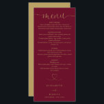 Burgundy And Gold Heart Script Wedding Dinner Menu<br><div class="desc">This elegant burgundy and gold heart script wedding menu can be personalized with your information in chic typography. Designed by Thisisnotme©</div>
